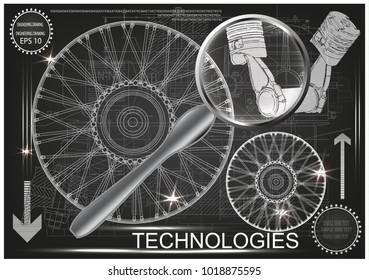 White wheel and two pistons on a gray background. Loupe