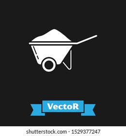 White Wheelbarrow with dirt icon isolated on black background. Tool equipment. Agriculture cart wheel farm.  Vector Illustration