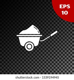 White Wheelbarrow with dirt icon isolated on transparent dark background. Tool equipment. Agriculture cart wheel farm.  Vector Illustration