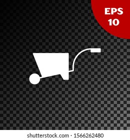 White Wheelbarrow icon isolated on transparent dark background. Tool equipment. Agriculture cart wheel farm.  Vector Illustration