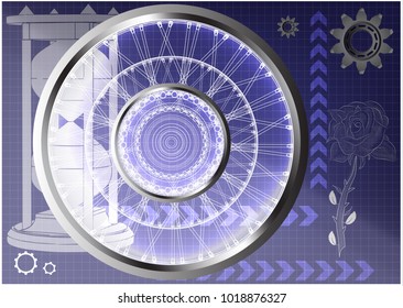 White wheels and hourglass on a blue background, drawing. Rose