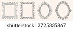 White whimsical lace frames and borders set with ornate scrollwork in rectangular and oval shapes. Vintage elegant designs decorated with playful flourishes and curves. Isolated vector illustration.