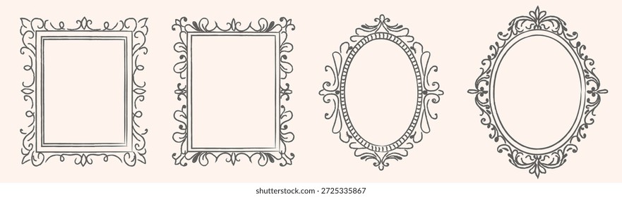 Marcos y bordes de encaje caprichosos blancos engastados con volutas ornamentadas en Formas rectangulares y ovaladas. Antiguas diseños elegantes decorados con alegres florituras y curvas. Ilustración vectorial aislada.
