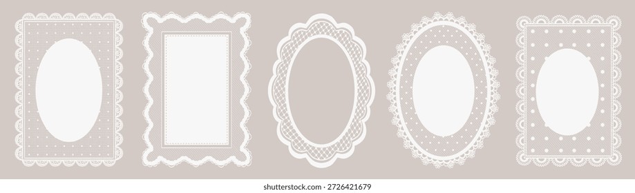 Marcos de encaje caprichosos blancos y decoraciones de tapetes. Formas y bordes ovalados y de Vertical con elegancia vintage. Crochet, Elementos extravagantes y Formas perfectas para la marca, scrapbooking, redes sociales.