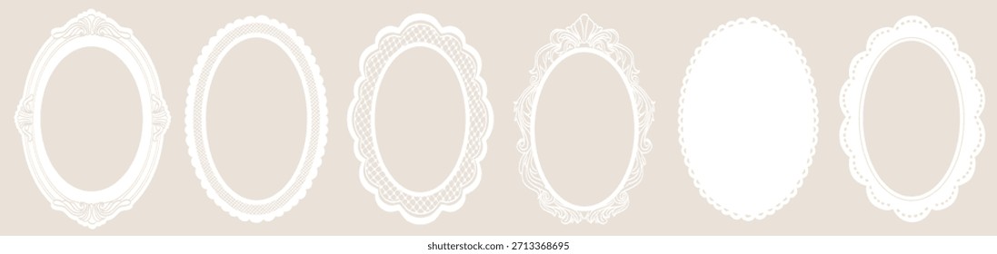 White whimsical lace frames and renaissance borders. Oval shapes with vintage elegance decorated with whimsy lines and squiggles. Top view borders perfect for branding, scrapbooking and social media.