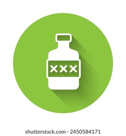 White Whiskey bottle icon isolated with long shadow background. Green circle button. Vector