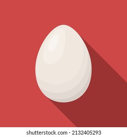 White whole chicken egg icon with long shadow on red background. Light eggshell. Simple egg in flat style, vector illustration for web and mobile design. Breakfast elements vector sign symbol