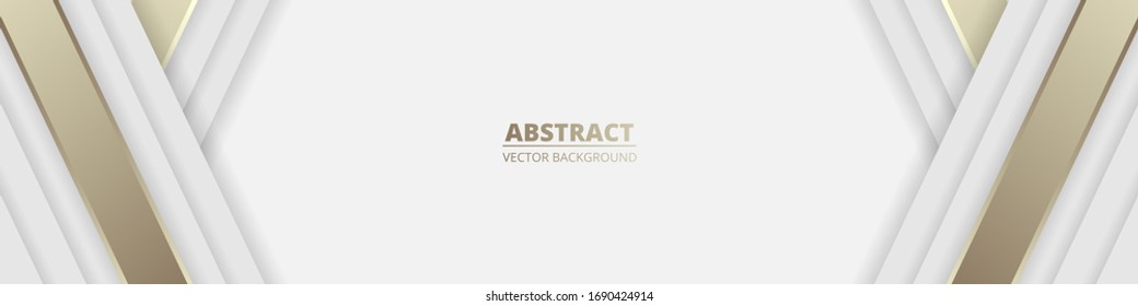 White wide luxury abstract background with golden diagonal lines and shadows. Modern light wide banner with golden luminous lines. Futuristic abstract backdrop. Vector illustration EPS 10.