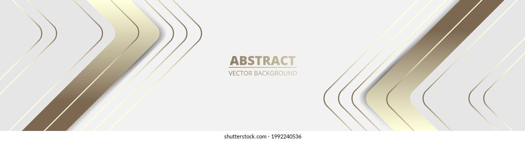 White wide luxury abstract background with golden lines and shadows, arrows and angles. Modern light wide banner with golden luminous lines. Sporty bright futuristic horizontal abstract background.