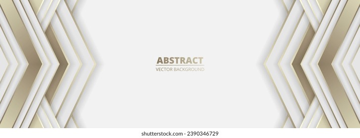 White wide luxury abstract background with golden lines and shadows. Modern light wide banner with golden luminous lines. Futuristic abstract backdrop. Vector illustration