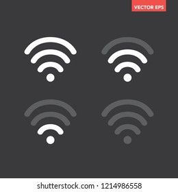 White Wi-Fi icons in different levels. Signal strength indicator concept set, vector flat graphic design for app & web, isolated black background
