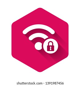 White Wifi locked sign icon isolated with long shadow. Password Wi-fi symbol. Wireless Network icon. Wifi zone. Pink hexagon button. Vector Illustration