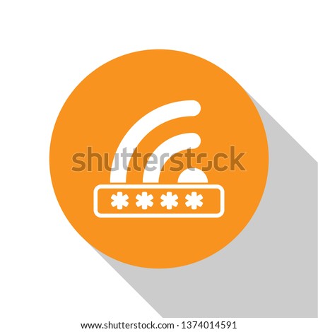 White Wifi locked sign icon isolated on white background. Password wi-fi symbol. Wireless Network icon. Wifi zone. Limited access. Orange circle button. Vector Illustration