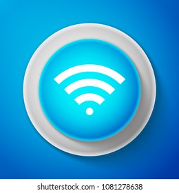 White Wi-Fi wireless internet network symbol icon isolated on blue background. Circle blue button with white line. Vector Illustration