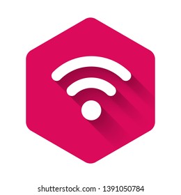 White Wi-Fi wireless internet network symbol icon isolated with long shadow. Pink hexagon button. Vector Illustration