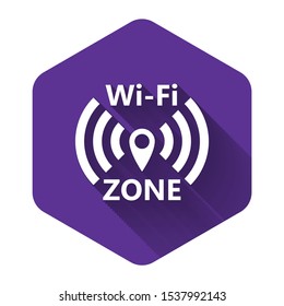 White Wi-Fi wireless internet network symbol icon isolated with long shadow. Purple hexagon button. Vector Illustration