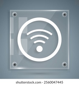 White Wi-Fi wireless internet network symbol icon isolated on grey background. Square glass panels. Vector