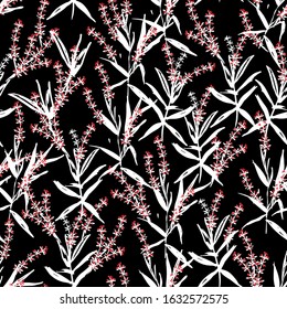 White wild flower and red spot pattern Botanical Motifs random repeat. Seamless vector texture. For fashion ,fabric, Printing with in hand drawn style on black background.