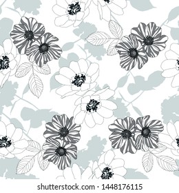 White wild rose flowers in combination with rose flowers with darker grey stripes. Flower silhouette in gentile neutral shades of light grey colour on white background.  Seamless vector pattern.
