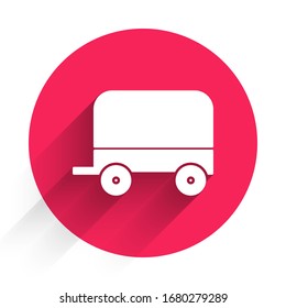 White Wild West Covered Wagon Icon Isolated With Long Shadow. Red Circle Button. Vector Illustration