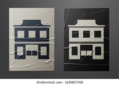 White Wild west saloon icon isolated on crumpled paper background. Old west building. Paper art style. Vector Illustration