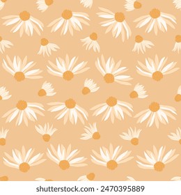 White wildflowers seamless pattern. Floral daisy endless background. Flower camomile ornament. Chamomile botanic continuous repeat cover. Vector hand drawn illustration.