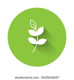 White Willow leaf icon isolated with long shadow background. Green circle button. Vector