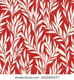 White willow leaves on a red background, a fabric design on linen fabric print pattern, cotton, silk, vector illustration, doodle summer, kids and baby designs for print fabric.