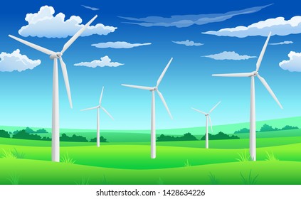 White wind generators, mills, wind turbine on green field and blue sky, alternative source of energy concept, vector illustration landscape