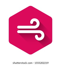 White Wind icon isolated with long shadow. Windy weather. Pink hexagon button. Vector Illustration