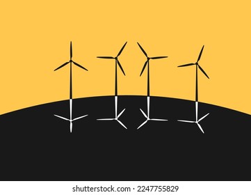 white wind mill turbines, yellow sky, minimalistic art background, vector
