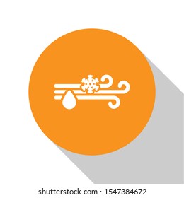 White Wind and rain with snow icon isolated on white background. Windy weather. Orange circle button. Vector Illustration