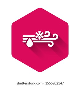 White Wind and rain with snow icon isolated with long shadow. Windy weather. Pink hexagon button. Vector Illustration