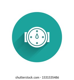 White Wind rose icon isolated with long shadow. Compass icon for travel. Navigation design. Green circle button. Vector Illustration