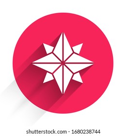 White Wind rose icon isolated with long shadow. Compass icon for travel. Navigation design. Red circle button. Vector Illustration