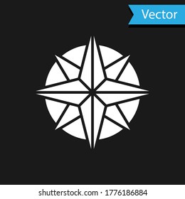 Icono de rosa del Viento Blanco aislado en fondo negro. Icono de brújula para viajar. Diseño de navegación. Ilustración vectorial