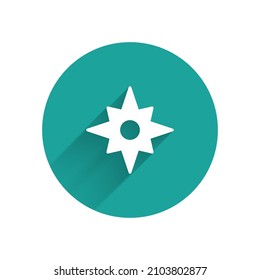 White Wind rose icon isolated with long shadow background. Compass icon for travel. Navigation design. Green circle button. Vector