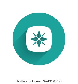 White Wind rose icon isolated with long shadow background. Compass icon for travel. Navigation design. Green circle button. Vector