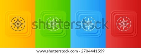 White Wind rose icon isolated on colorful background. Compass icon for travel. Navigation design. Set icons in square buttons. Vector