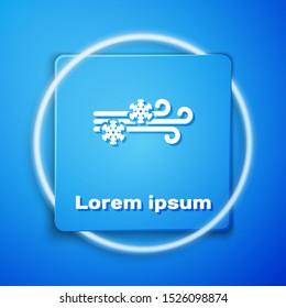 White Wind and snow icon isolated on blue background. Windy weather. Blue square button. Vector Illustration