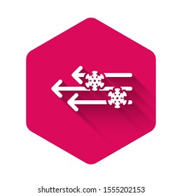 White Wind and snow icon isolated with long shadow. Windy weather. Pink hexagon button. Vector Illustration