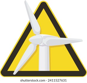 White wind turbine with its blades in the yellow and black triangular symbol cut out