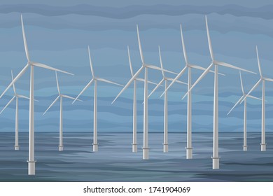 White wind turbine generating electricity in the sea