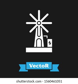 White Wind turbine icon isolated on black background. Wind generator sign. Windmill for electric power production.  Vector Illustration