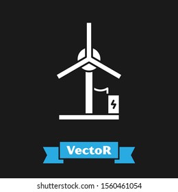 White Wind turbine icon isolated on black background. Wind generator sign. Windmill for electric power production.  Vector Illustration