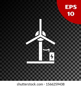 White Wind turbine icon isolated on transparent dark background. Wind generator sign. Windmill for electric power production.  Vector Illustration