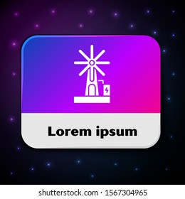 White Wind turbine icon isolated on black background. Wind generator sign. Windmill for electric power production. Rectangle color button. Vector Illustration
