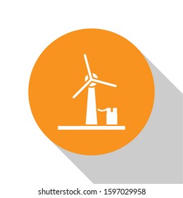White Wind turbine icon isolated on white background. Wind generator sign. Windmill for electric power production. Orange circle button. Vector Illustration