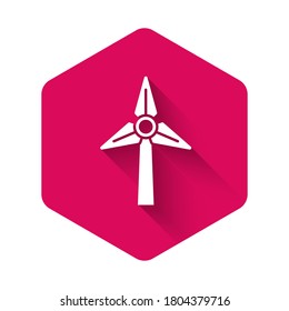 White Wind turbine icon isolated with long shadow. Wind generator sign. Windmill for electric power production. Pink hexagon button. Vector.