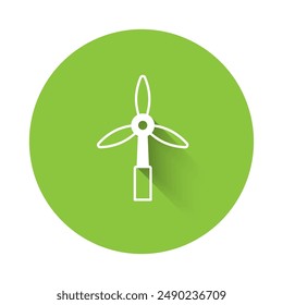 White Wind turbine icon isolated with long shadow. Wind generator sign. Windmill for electric power production. Green circle button. Vector